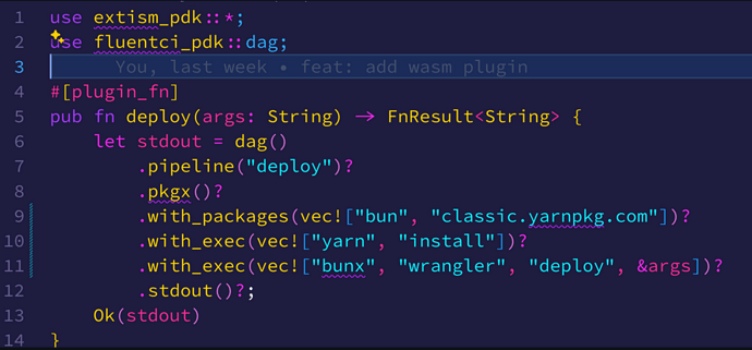 Code snippet in Rust invoking a pipeline via the plugin system