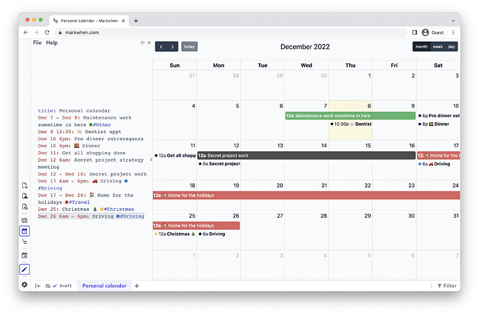 Example of a calendar view based on markwhen