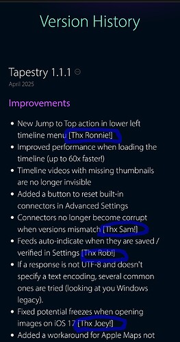 Screenshot of the linked version history webpage highlighting the positive shout outs to participants who reported a software bug that got fixed as part of an update.