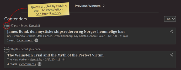 Snapshot of posted article list and an info card that reads "Upvote articles by reading them to completion".
