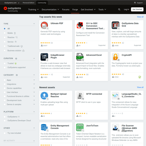The Forge snapshot showing a grid of open source projects, and filtering toolbar on the left.
