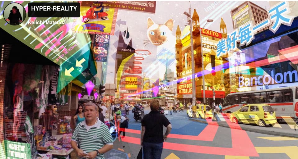 Thumbnail of the video Hyper Reality by artist Keiichi Matsuda which depicts a Metaverse dystopia