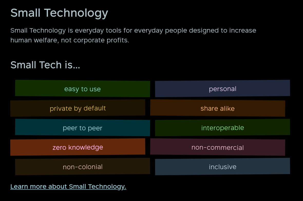 Snapshot taken from the small-tech.org website that shows the principles of Small technologies in one overview of labeled cards.